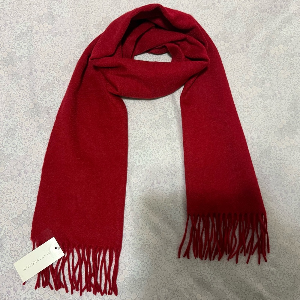 NWT Charter Club Luxury Cashmere Scarlet Fringed Scarf Soft